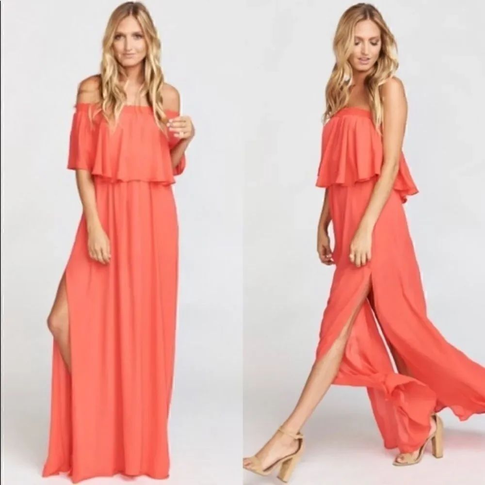 Show Me Your Mumu Hacienda Maxi Bridesmaid Dress Off The Shoulder Coral Medium